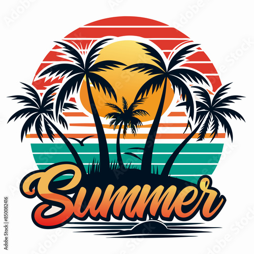 Wallpaper Mural Vintage retro style happy summer t-shirt design with palm tree, sea beach and sunset Torontodigital.ca