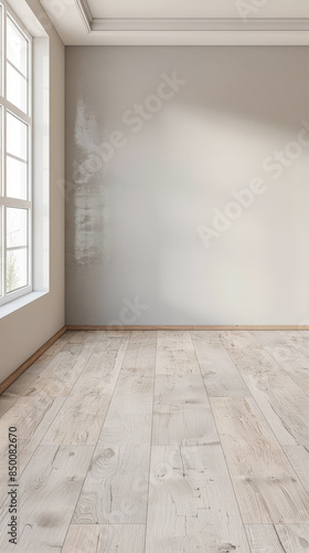 Empty room with natural lighting coming from a side window casting shadows. Interiors composition background.