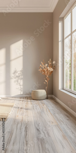 Empty room with natural lighting coming from a side window casting shadows. Interiors composition background.