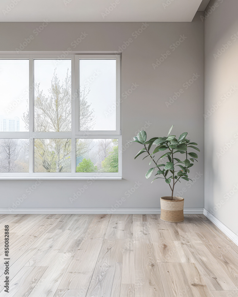 Fototapeta premium Empty room with natural lighting coming from a side window casting shadows. Interiors composition background.