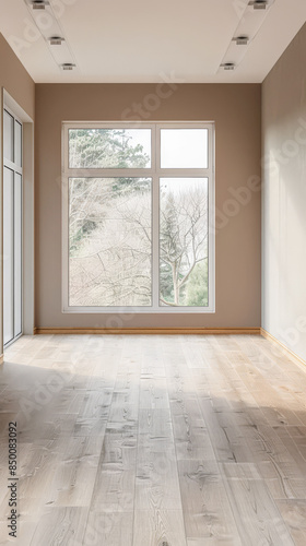 Empty room with natural lighting coming from a side window casting shadows. Interiors composition background.
