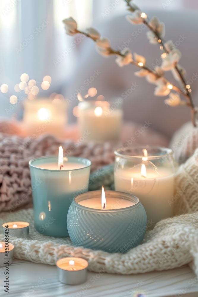 A table with candles and a blanket on it. The candles are lit and there are four of them A table with candles and a blanket on it. The candles are lit and there are four of them