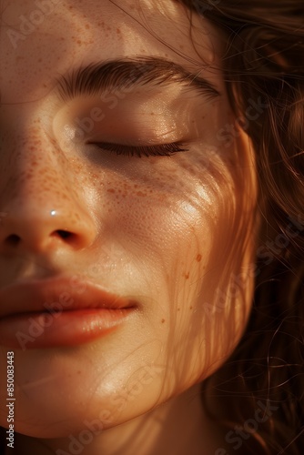 woman's face with her eyes closed, bathed in soft sunlight, highlighting her natural beauty and peaceful expression