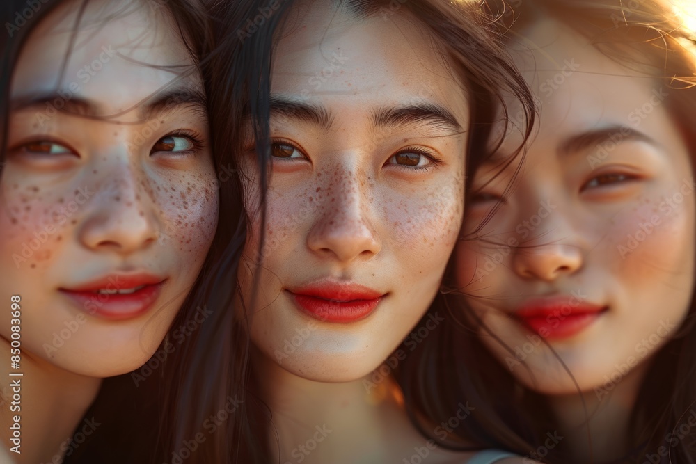 A line of smiling Asian women with long hair stands in front of a blue background, their hyperrealistic portraits highlighted by vibrant spectrum colors, reflections. A line of smiling Asian women with long hair stands in front of a blue background, their hyperrealistic portraits highlighted by vibrant spectrum colors, reflections.