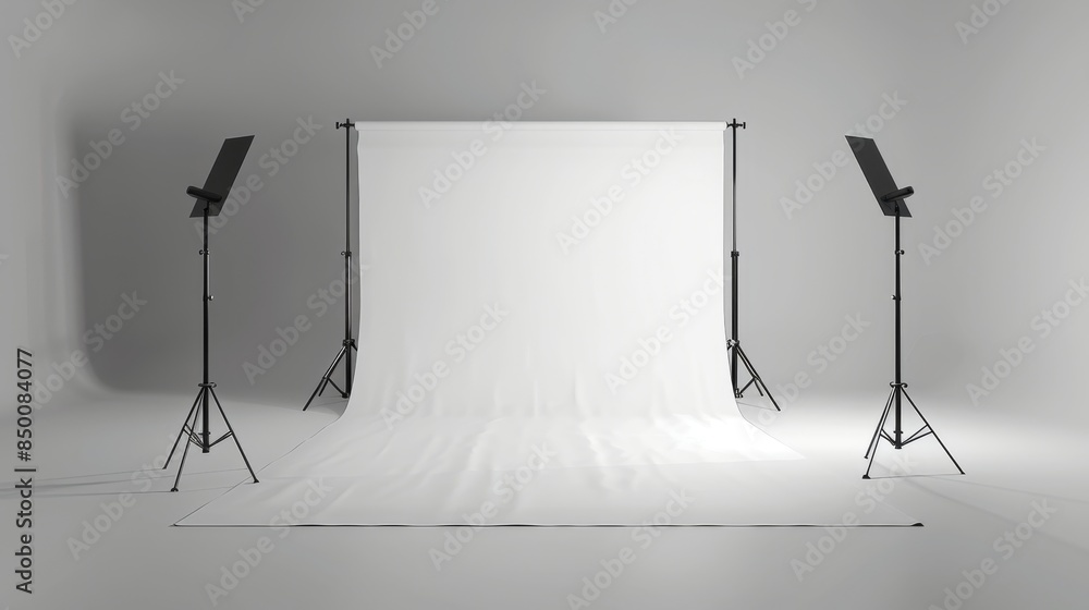 A white backdrop with three black tripods in front of it. The backdrop is empty and the scene is set in a studio A white backdrop with three black tripods in front of it. The backdrop is empty and the scene is set in a studio