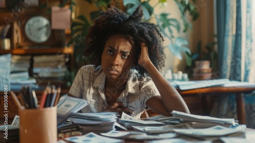Black woman with bills all over the desk looking stressed. Concept of Financial Pressure, Economic Struggles, and Managing the Challenges of Daily Life