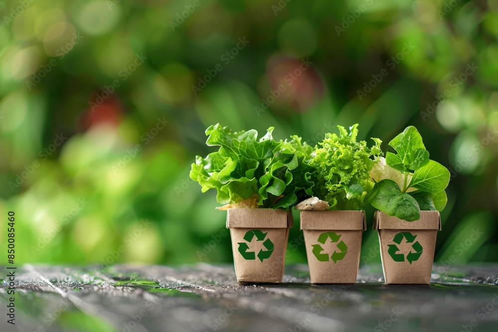 Green plants in a paper trash bag.. Garbage recycling . clear ecoligy concept Green plants in a paper trash bag.. Garbage recycling . clear ecoligy concept