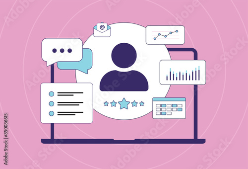 Customer relationship management. CRM software with customer data analysis, sales automation, client retention and personalized communication. Lead management business strategy with client engagement