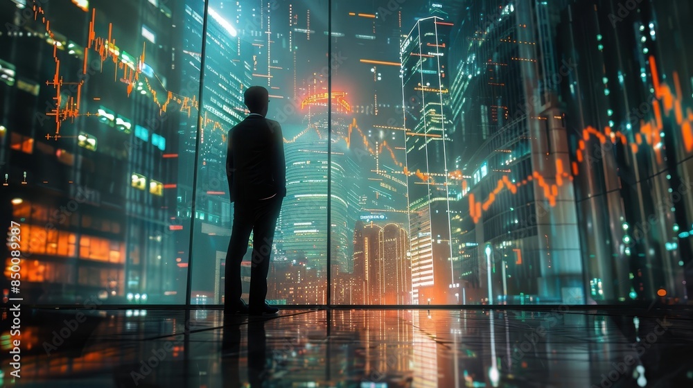Bussinesman standing in rise city while a stock chart looms in the background Bussinesman standing in rise city while a stock chart looms in the background