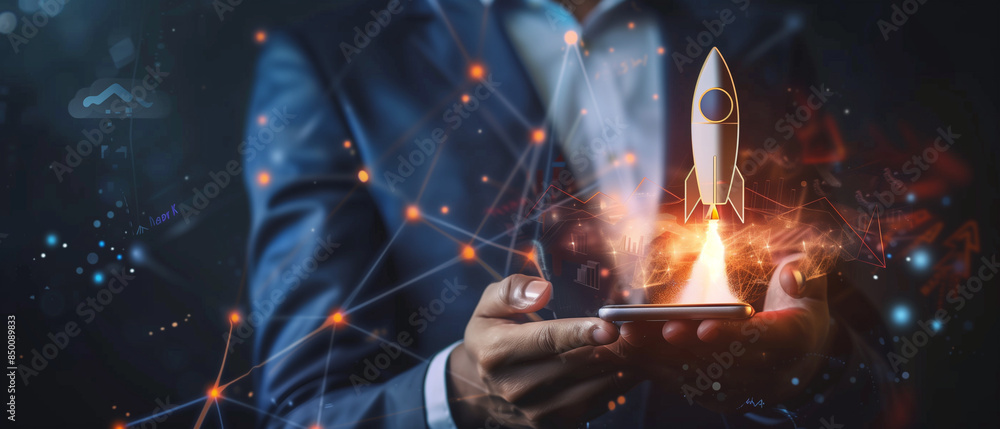 Man hand with phone, stock market graph with rocket Man hand with phone, stock market graph with rocket
