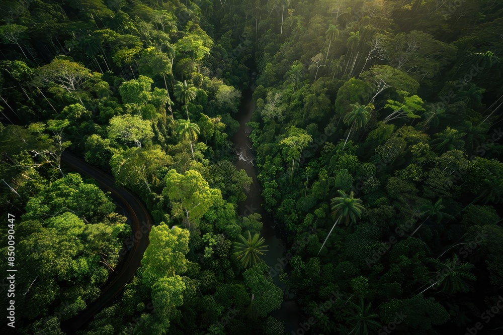 Obraz premium Aerial view of a lush, dense tropical rainforest with a winding river cutting through the vibrant green foliage under sunlight.