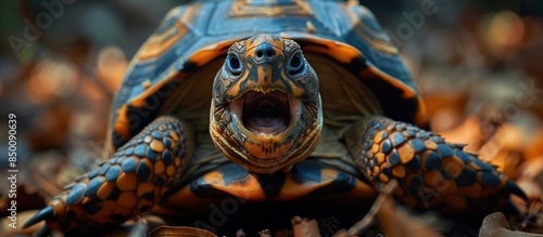 Giant turtle with gaping mouth on the African island of Seychelles photo