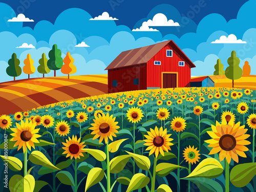 A field of sunflowers with a red barn in the distance
