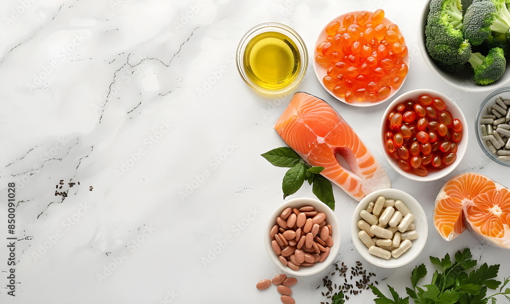 Various seeds and foods high in healthy fats isolated on white, top view Various seeds and foods high in healthy fats isolated on white, top view