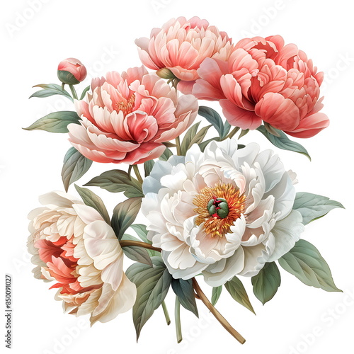 Fototapeta Naklejka Na Ścianę i Meble -  Bouquet of delicate pastel colored peonies isolated on white background, watercolor clipart, floral element for design, watercolour botanical illustration, painting. summer flower