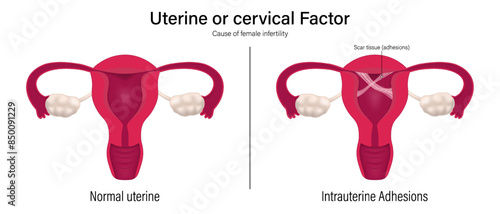 Female infertility vector. Comparison of normal uterine and intrauterine adhesions. Uterine factor. Asherman's syndrome.