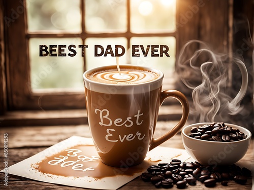 Close-up of Happy Father's Day Best Dad Ever greeting card and coffee mug on the table design perfect for celebrating and honoring fathers photo