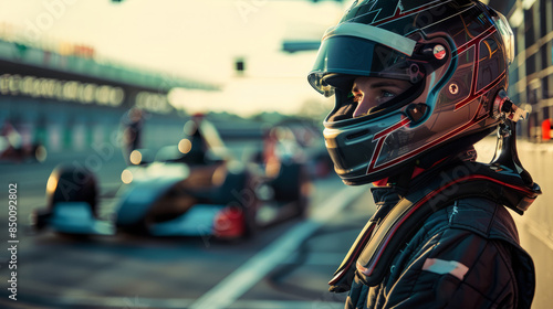 A race car driver wearing a helmet and suit stands on the pit lane of a racetrack © ink drop