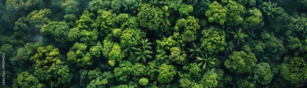 Aerial view of lush green tropical rainforest canopy with dense foliage. Nature and environmental conservation concept. Aerial view of lush green tropical rainforest canopy with dense foliage. Nature and environmental conservation concept.