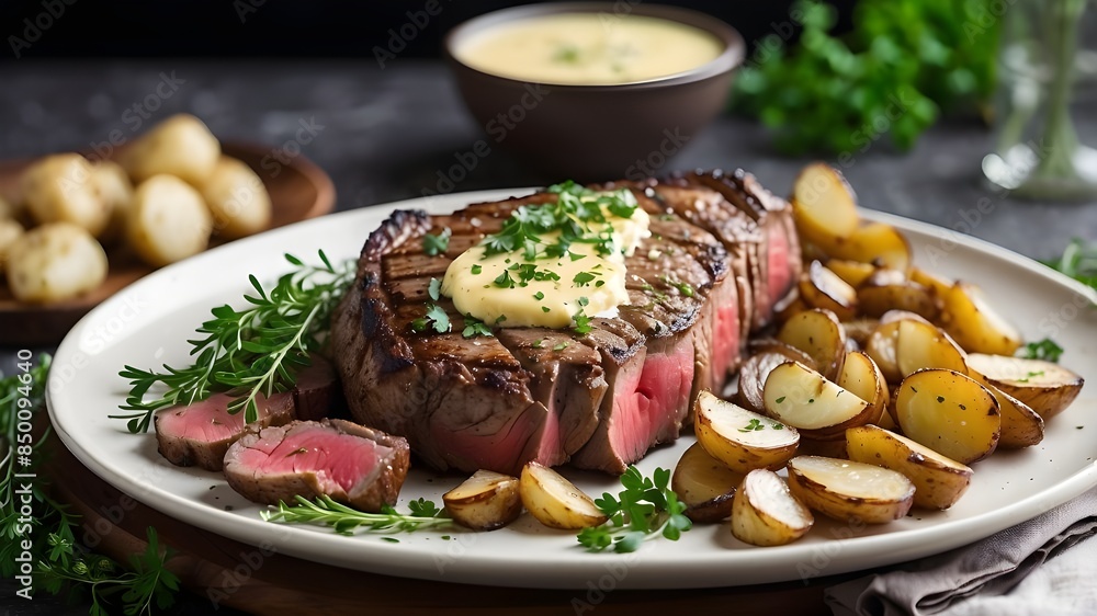 A mouth-watering dish of perfectly seared steak and crispy roasted potatoes, drizzled with a savory herb butter and garnished with fresh herbs. A mouth-watering dish of perfectly seared steak and crispy roasted potatoes, drizzled with a savory herb butter and garnished with fresh herbs.