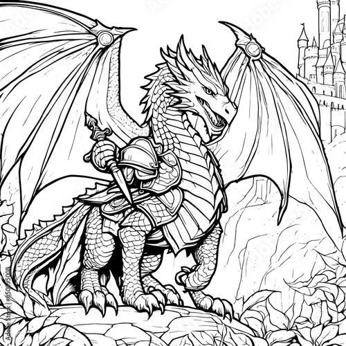 Armored Dragon Guarding Medieval Castle Sketch Art