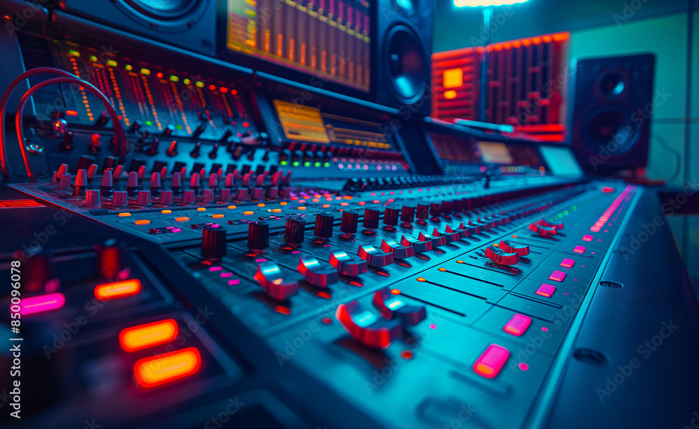 Close-up of an illuminated audio mixing console in a vibrant recording studio. Close-up of an illuminated audio mixing console in a vibrant recording studio.