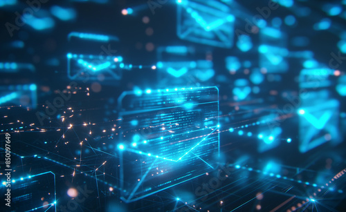 Futuristic digital landscape with glowing blue email icons and interconnected data streams.