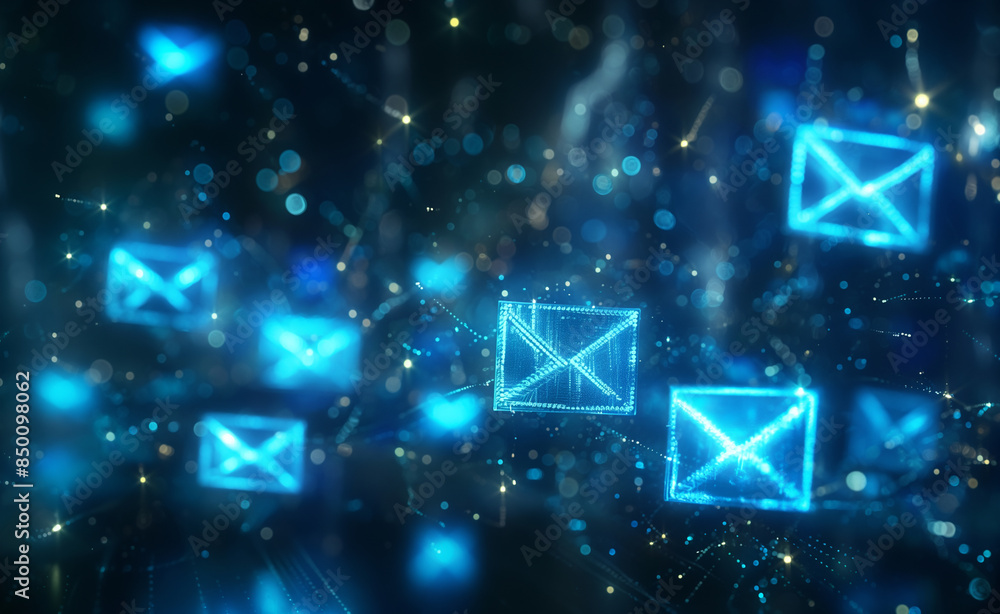 Futuristic digital landscape with glowing blue email icons and interconnected data streams. Futuristic digital landscape with glowing blue email icons and interconnected data streams.