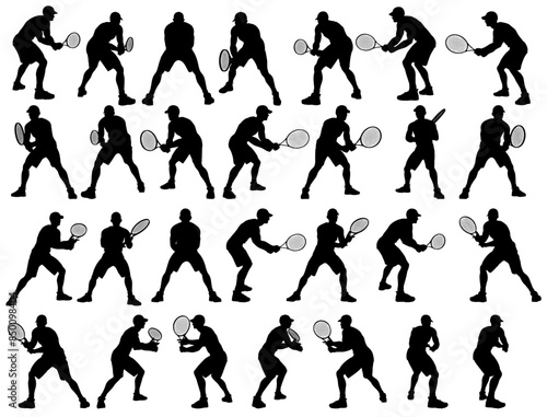 collection of different angle of silhouette male tennis player character , isolated vector for graphic resources
