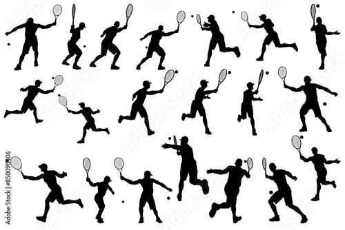 collection of different angle of silhouette male tennis player character , isolated vector for graphic resources
