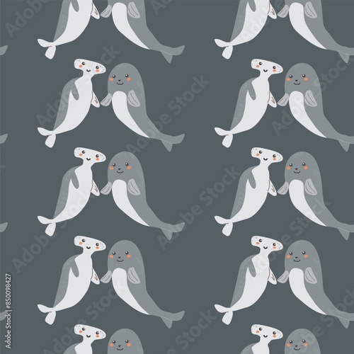 Childrens sea animals pattern, childish ocean marine life seamless background. Nursery baby animals print. Underwater inhabitants collection background for kids textile, clothes, wallpapers.