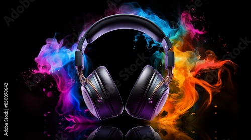 Headphone and colorful steam. Creative music and festival concept on black background