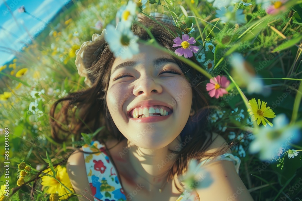 In a flower-filled garden, an attractive Asian woman with a captivating and charming face is captured laughing joyfully in the morning light. In a flower-filled garden, an attractive Asian woman with a captivating and charming face is captured laughing joyfully in the morning light.
