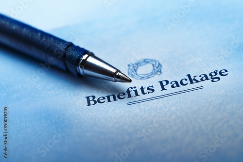 A pen rests on a benefits package document, symbolizing important decisions and employee satisfaction. The blue-toned background creates a professional and trustworthy atmosphere