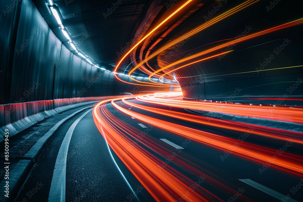 Long exposure shot of car headlights and taillights streaking through the night, creating dynamic light trails on the road Long exposure shot of car headlights and taillights streaking through the night, creating dynamic light trails on the road