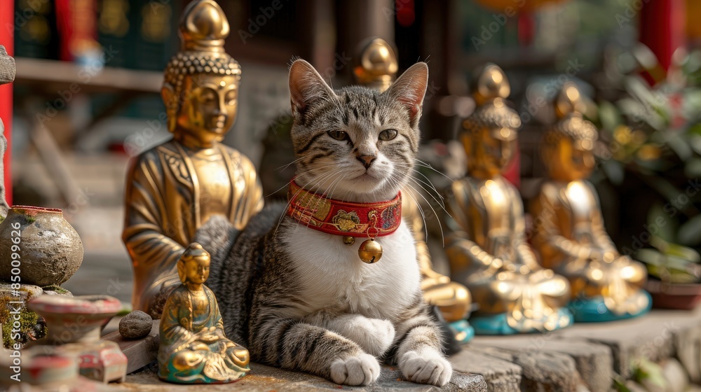 Fototapeta premium A White And Gray Alley Cat Lounging In Front Of Golden Statues, Photographed From The Front
