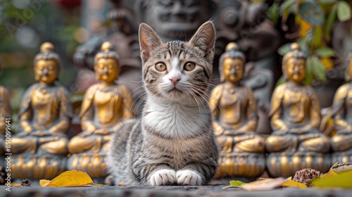 A White And Gray Alley Cat Lounging In Front Of Golden Statues, Photographed From The Front photo