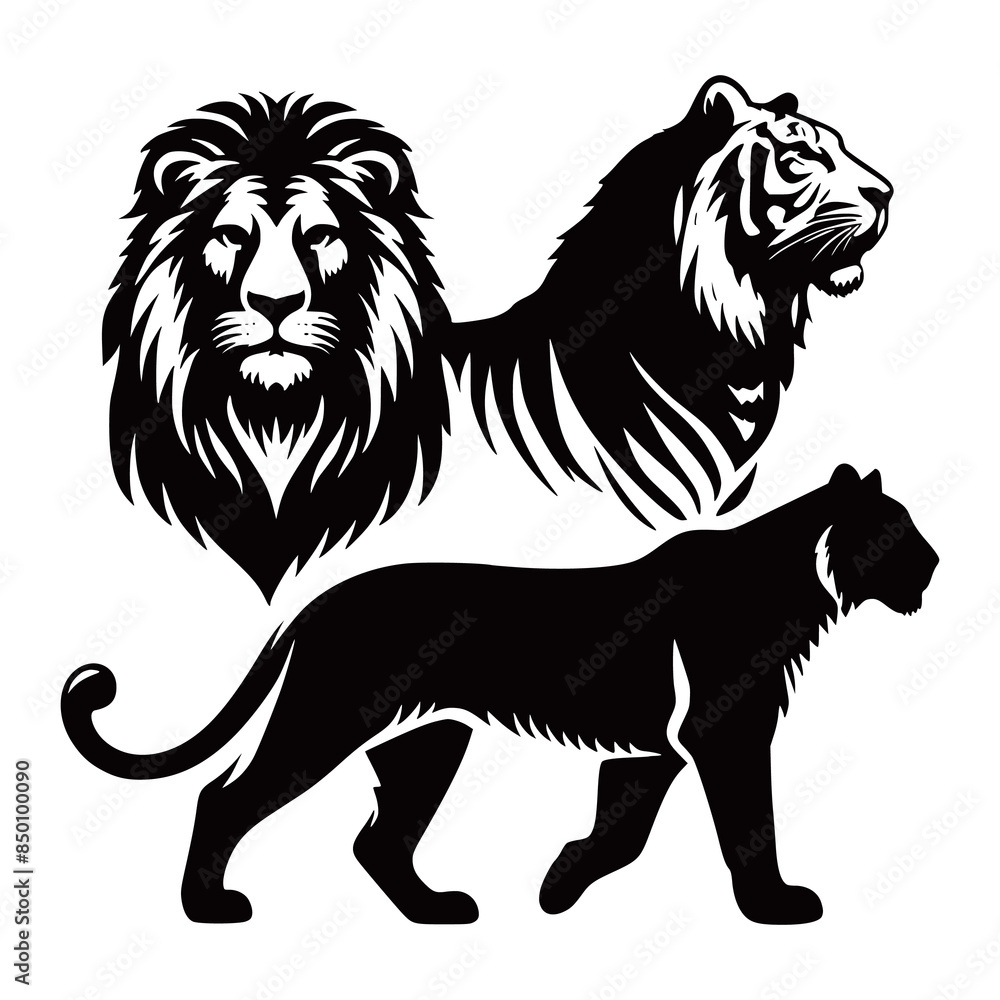 Silhouettes leopard or lion big set vector Illustration generated Ai Silhouettes leopard or lion big set vector Illustration generated Ai