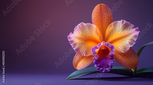 A single, vibrant Cattleya orchid with a ruffled lip and rich purple hues blooms proudly on a deep purple background, 