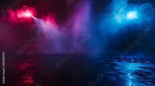 Wallpaper Mural Dark empty space with blue and red neon spotlights, wet asphalt, smoke, and a night view of an industrial scene. Abstract dark texture providing a mock-up design with copy space. Torontodigital.ca