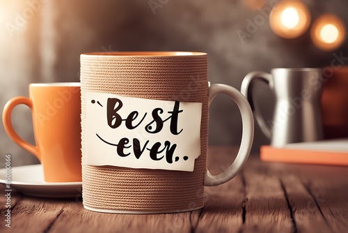 Close-up of Happy Father's Day Best Dad Ever greeting card and coffee mug on the table design perfect for celebrating and honoring fathers photo