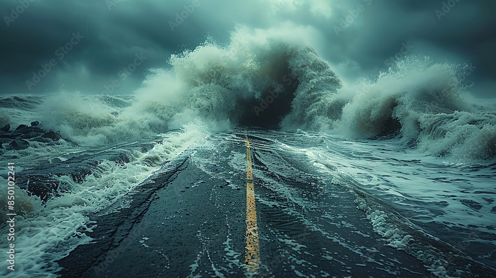 Foto de Storm surge flooding a coastal road, water rushing in with ...