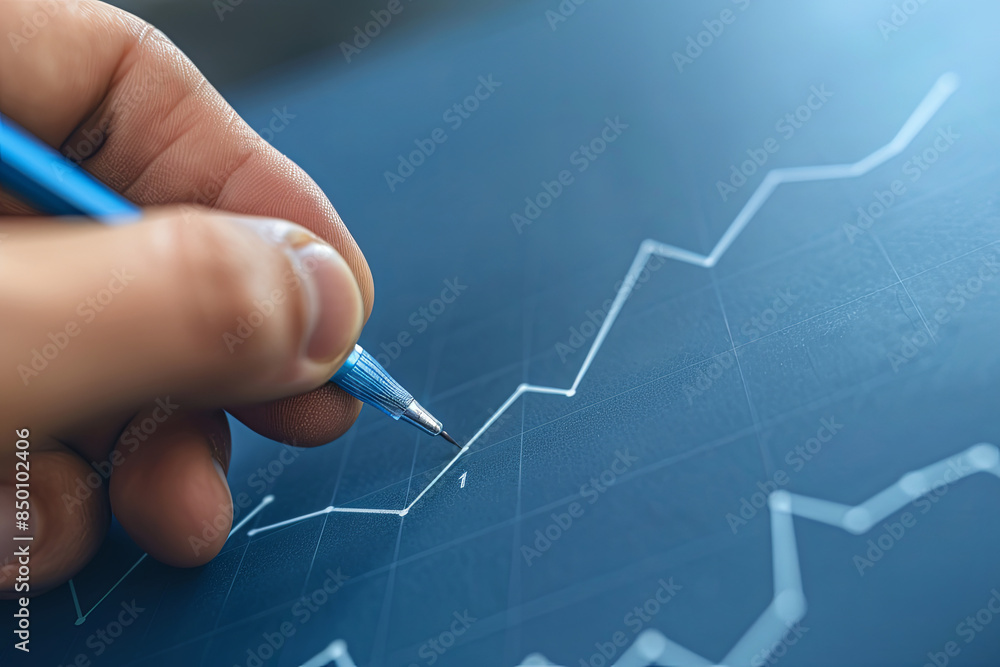 Businessman drawing a rising graph, analyzing financial data and investment trends, and strategizing for business growth and progress on a blue background Businessman drawing a rising graph, analyzing financial data and investment trends, and strategizing for business growth and progress on a blue background