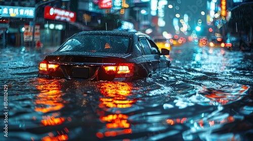 Submerged cars in floodwaters, murky water reflecting city lights, clear space for text Submerged cars, flood damage, underwater vehicles, night reflections photo