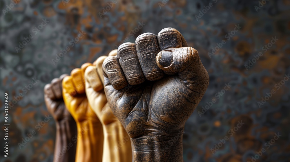 A 3D illustration symbolizes social justice, unity in diversity, and nonviolent resistance, showing a fist of hope and freedom against societal injustice through peaceful protest. A 3D illustration symbolizes social justice, unity in diversity, and nonviolent resistance, showing a fist of hope and freedom against societal injustice through peaceful protest.