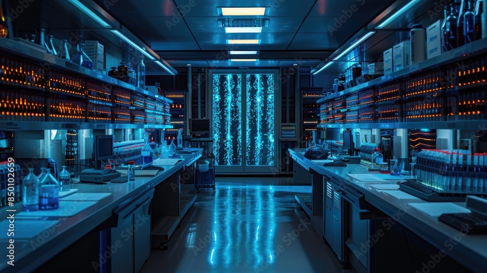 Fototapeta premium A cutting-edge gene-editing facility where CRISPR technology is used to prevent hereditary diseases, bathed in blue light