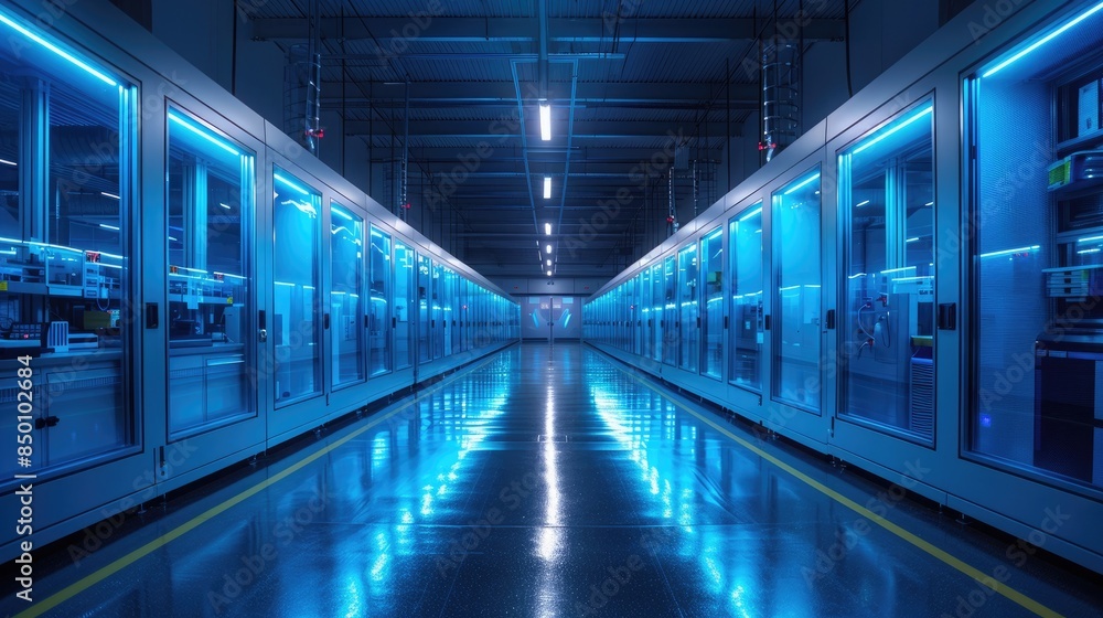 Fototapeta premium A cutting-edge gene-editing facility where CRISPR technology is used to prevent hereditary diseases, bathed in blue light