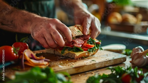 Preparing a sandwich with fresh ingredients, vibrant layers of meat, cheese, and veggies, homey kitchen with a casual feel