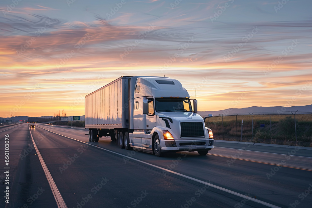Large semi-truck traveling along a highway through a picturesque countryside during a stunning sunset, capturing the beauty of the open road Large semi-truck traveling along a highway through a picturesque countryside during a stunning sunset, capturing the beauty of the open road