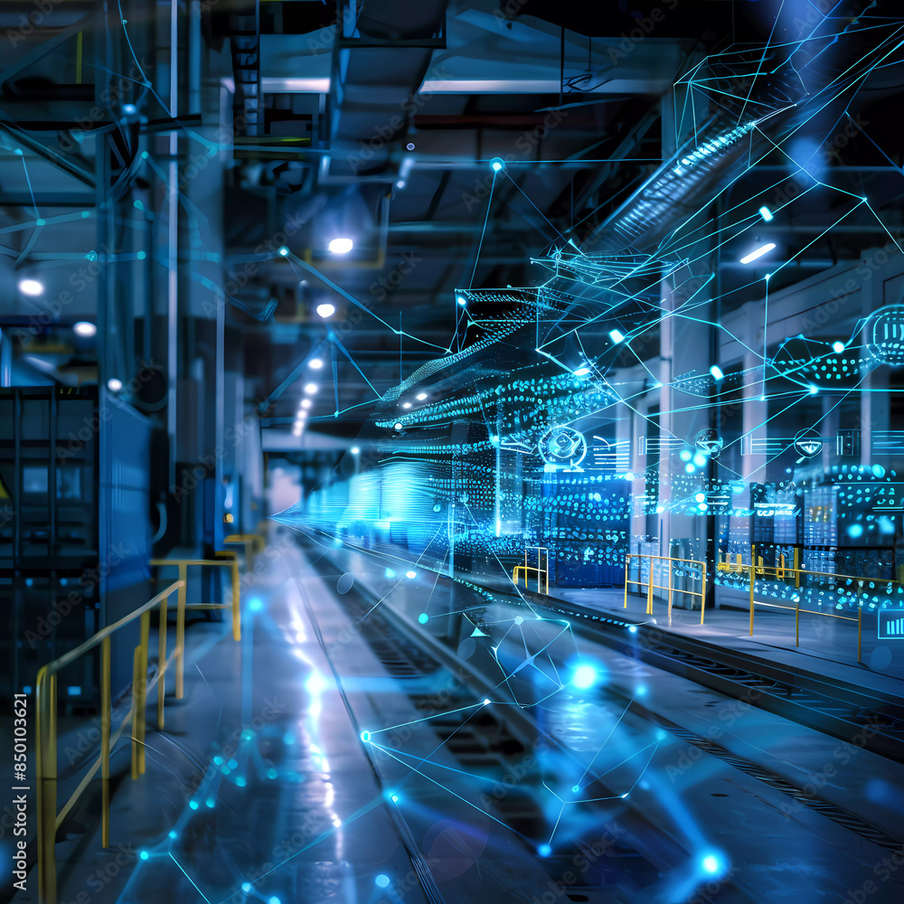Obraz premium A holographic projection of a supply chain network diagram in a logistics center, business, dynamic and dramatic compositions, with copy space Generative AI